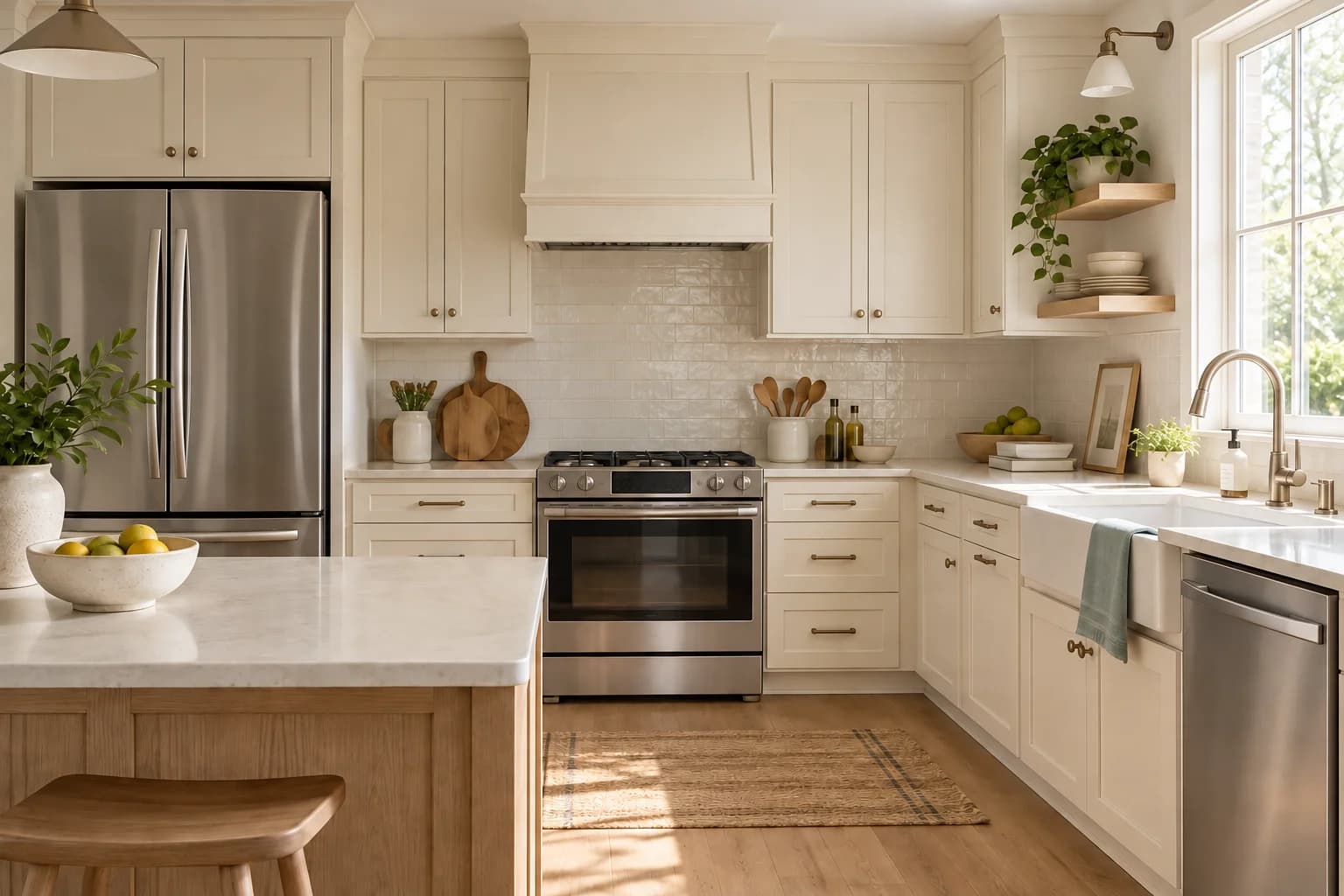An AI-generated kitchen with warm ivory cabinets and stainless steel appliances